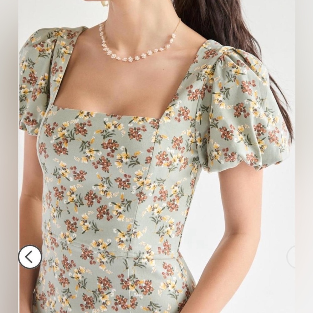 Trixxi Women’s Dress Size M Sage Green Floral Puff Sleeve - Picture 4 of 17